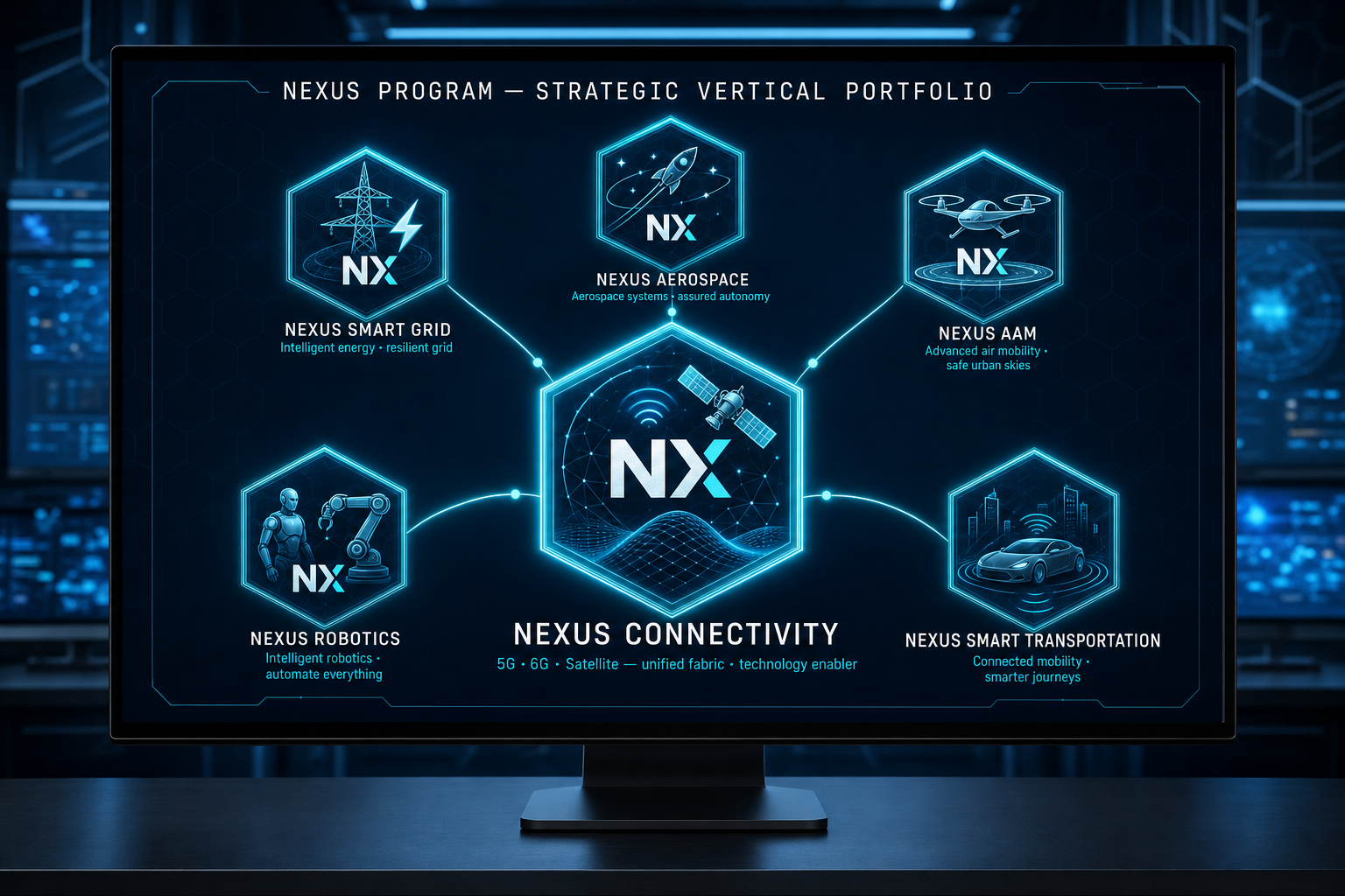 NEXUS Program — strategic portfolio: NX Connectivity (collaborative edge-cloud with edge sovereignty) enabling six-path deployment framing across Smart Grid, Aerospace, AAM, Smart Transportation, Robotics, and cross-domain validation.